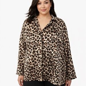 Loft Sleep XXXL Leopard Print Satin Pajama Top Silky Button Up